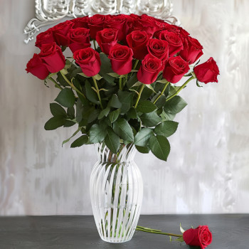 Radiant Elegance: 33 Red Roses in a White Vase